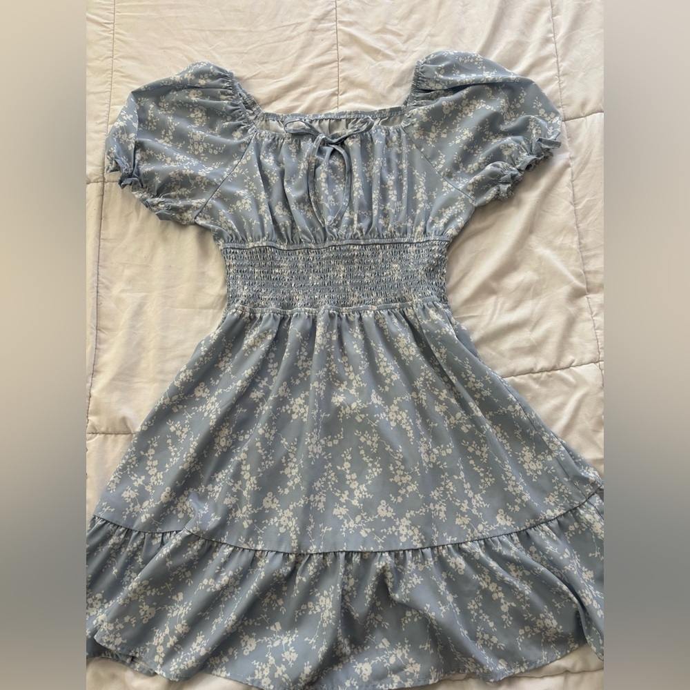 Amazon Blue and White Smocked Puff Sleeve Sundress